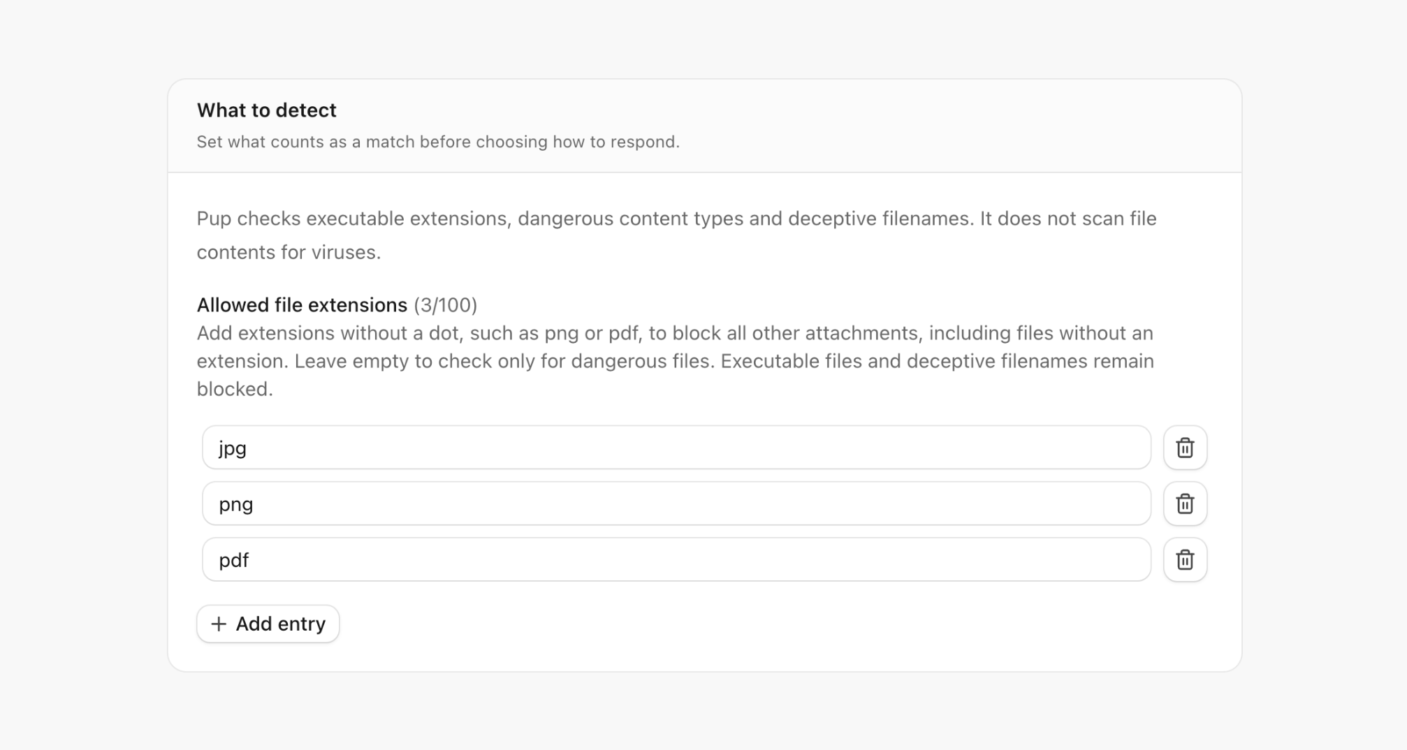 File protection configured to allow jpg, png and pdf, with dangerous-file blocking enabled.